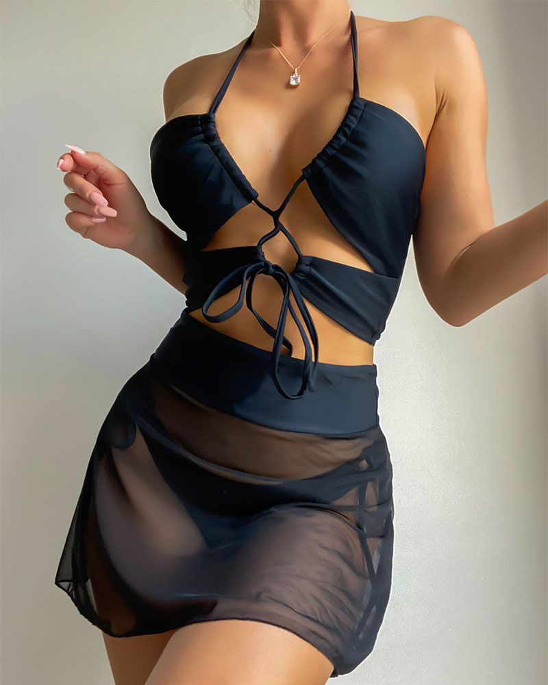 

Cutout Tied Detail Halter Bikini Set With Cover Up Skirt, Black