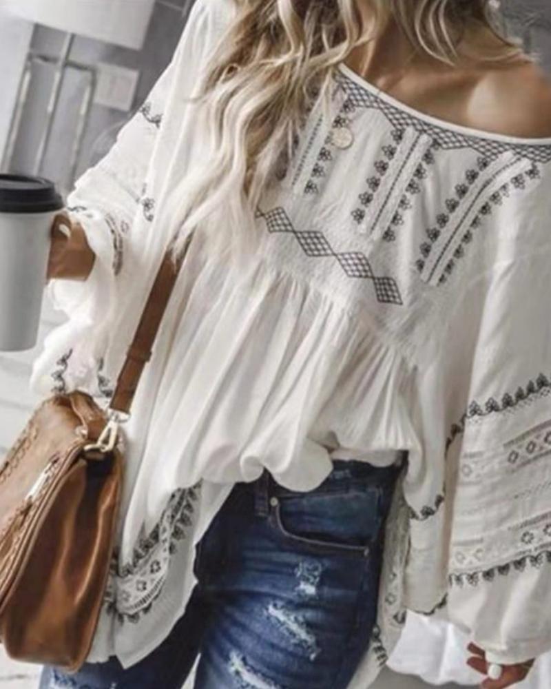 

Lace Insert Long Sleeve Ruched Print Casual Blouse, White