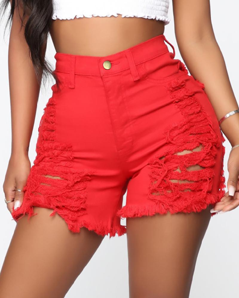 

High Waist Ribbed Distress Denim Shorts, Red