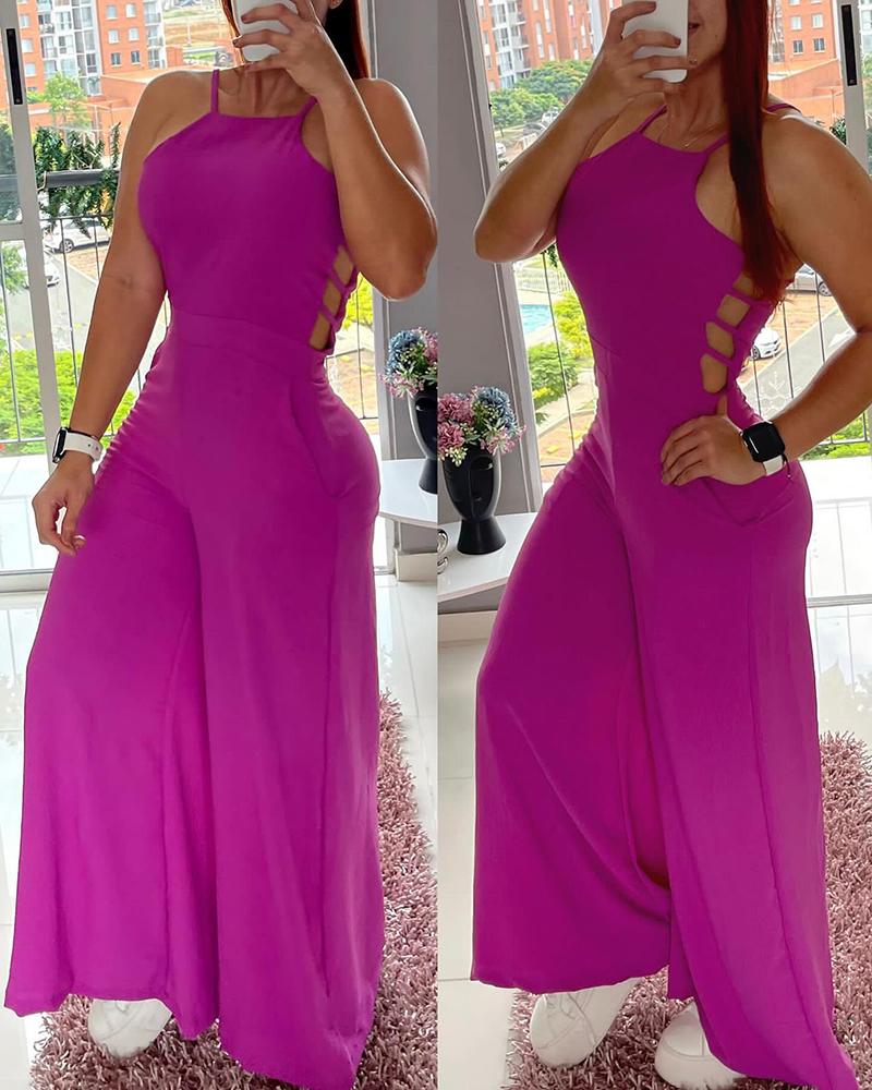 

Hollow Out Sleeveless Wide Leg Jumpsuit, Hot pink