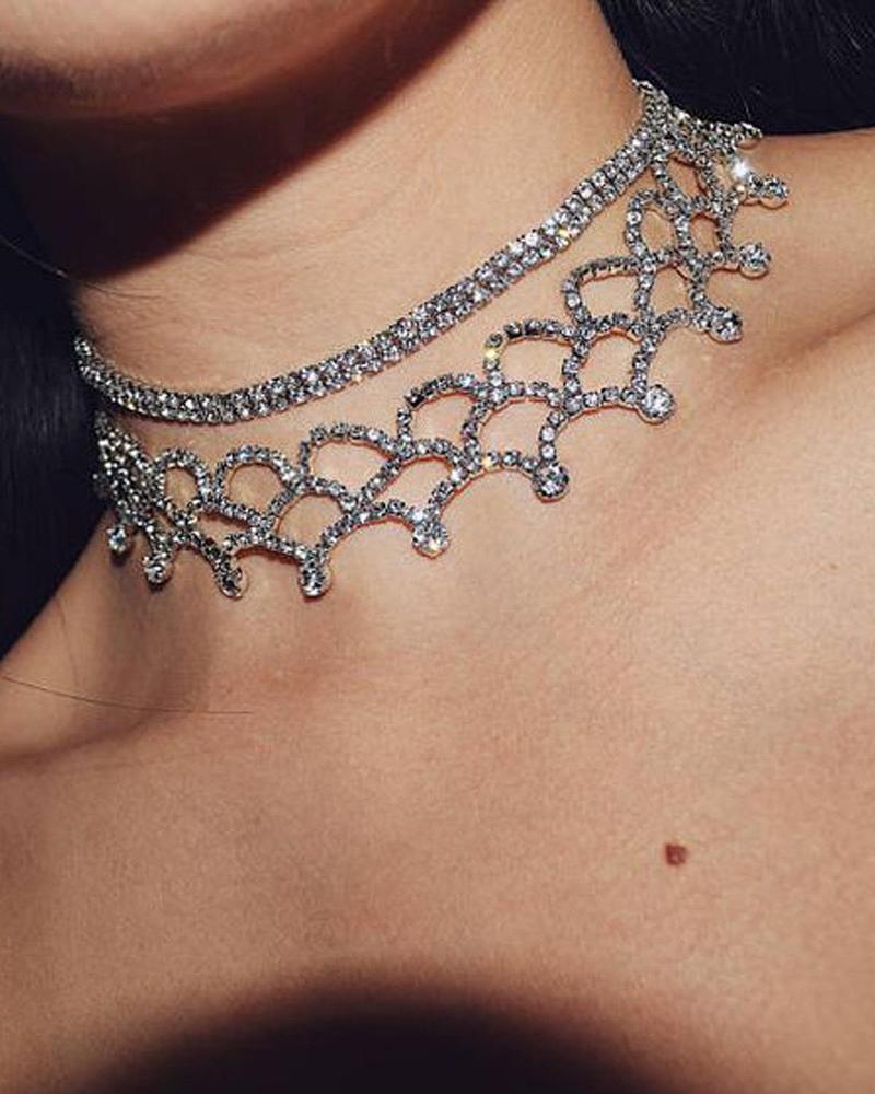 

Layered Cutout Rhinestone Choker, Silver