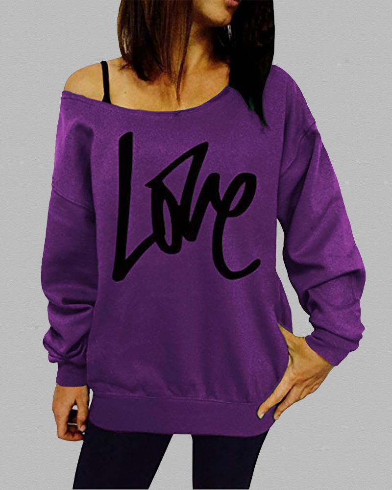

Letter Print Long Sleeve Sweatshirt, Purple