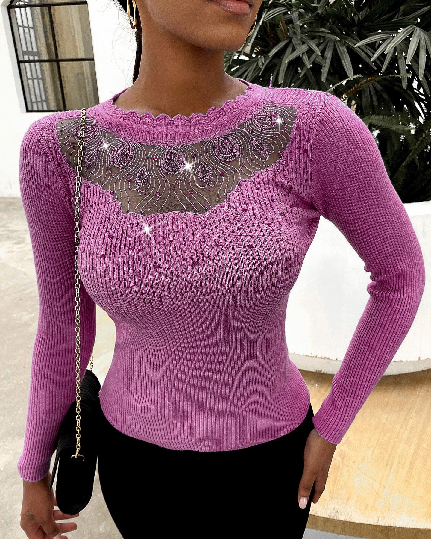 

Sheer Mesh Lace Rhinestone Knit Sweater, Purple
