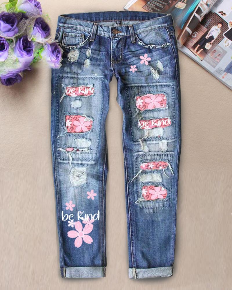 

Valentine' Day Contrast Cheetah Floral Print Ripped Jeans, Blue