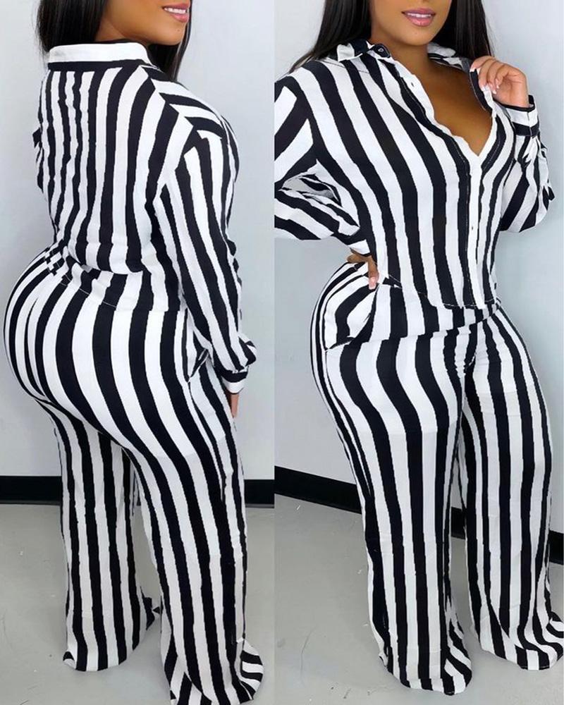 

Striped Print Long Sleeve Shirt & Pants Set, Black