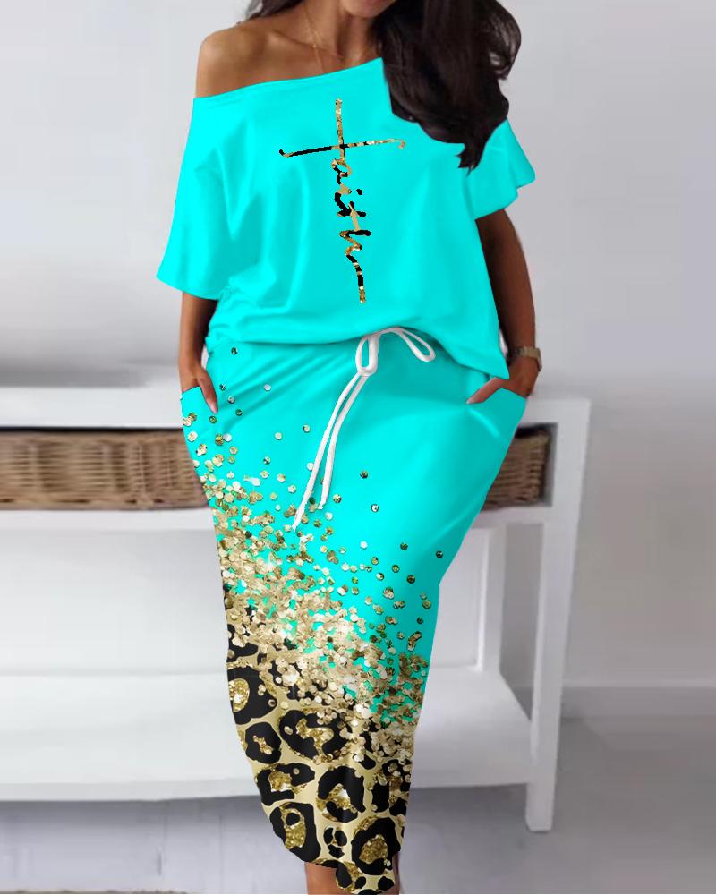 

Plus Size Faith Letter Pattern Top & Contrast Leopard Print Skirt Set, Turquoise blue