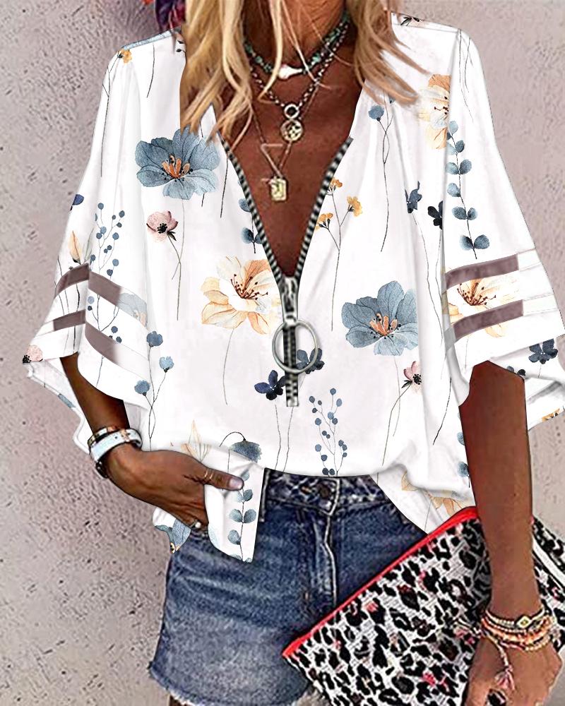 Floral Print Bell Sleeve Zip Front Top