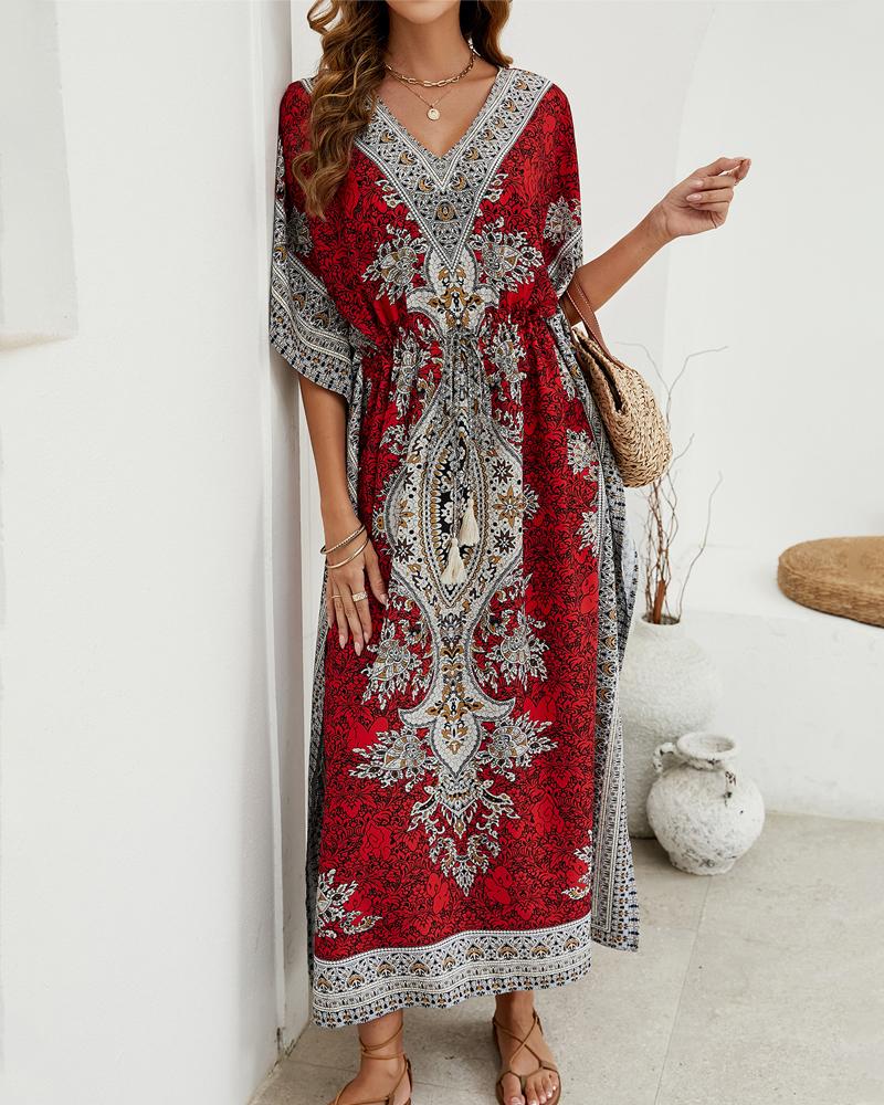 

Tribal Paisley Print Tied Detail Slit Maxi Dress, Red