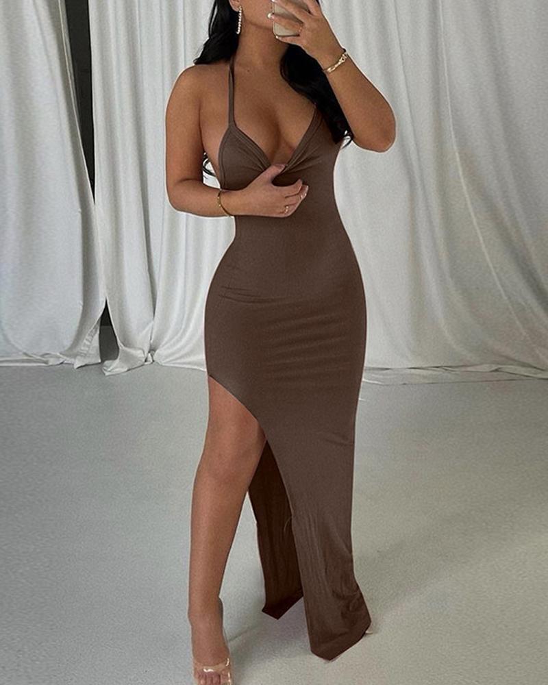 

Crisscross Backless High Slit Party Dress, Brown