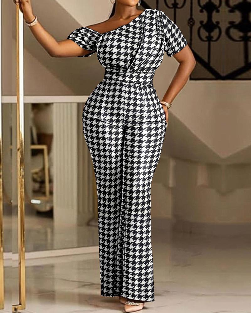 

Houndstooth Print Ruched High Waist Jumpsuit, Blackwhite