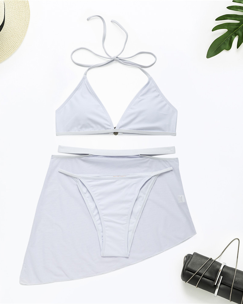

3PCS Halter Bikini Set With Cutout Cover Up, White