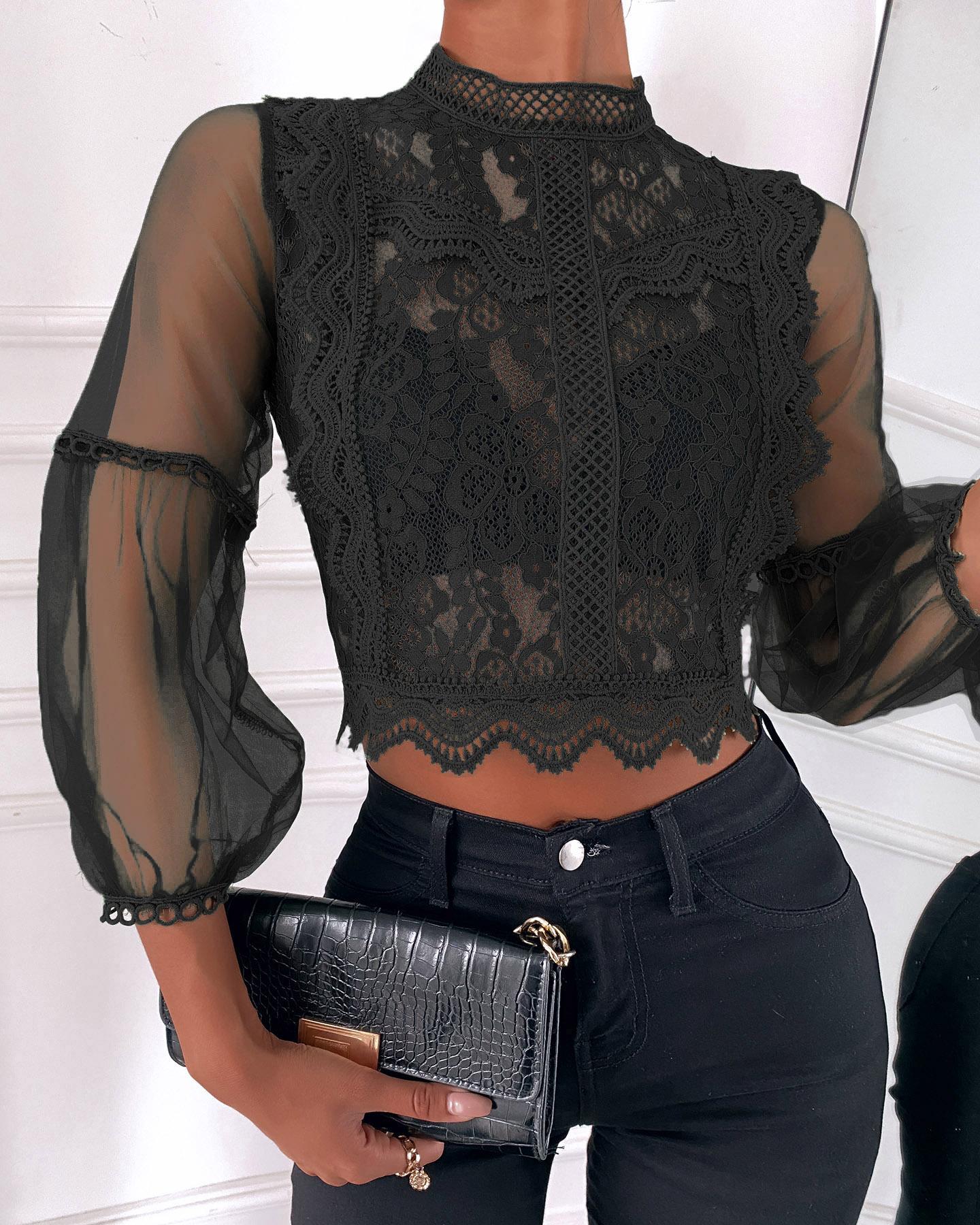 

Guipure Lace Sheer Mesh Lantern Sleeve Top, Black