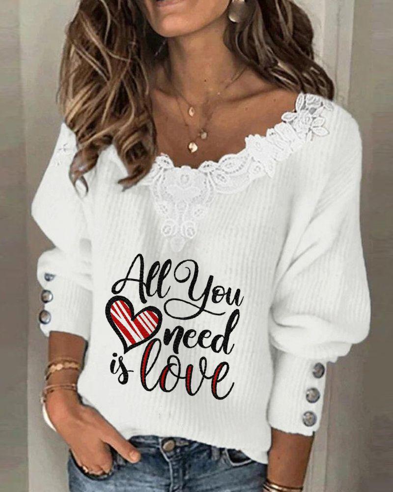 

Letter Heart Print Lace Patch Long Sleeve Top, White