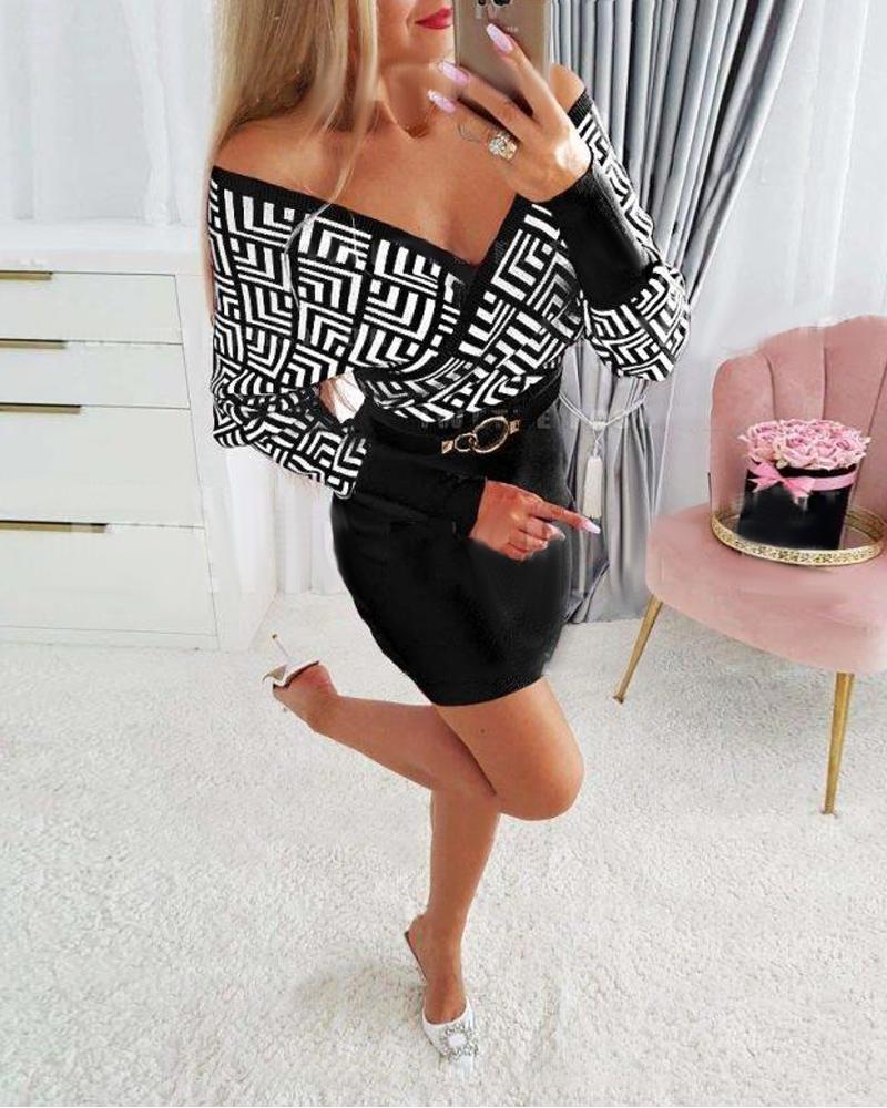 

Geometric Print Long Sleeve Wrap Dress, Black