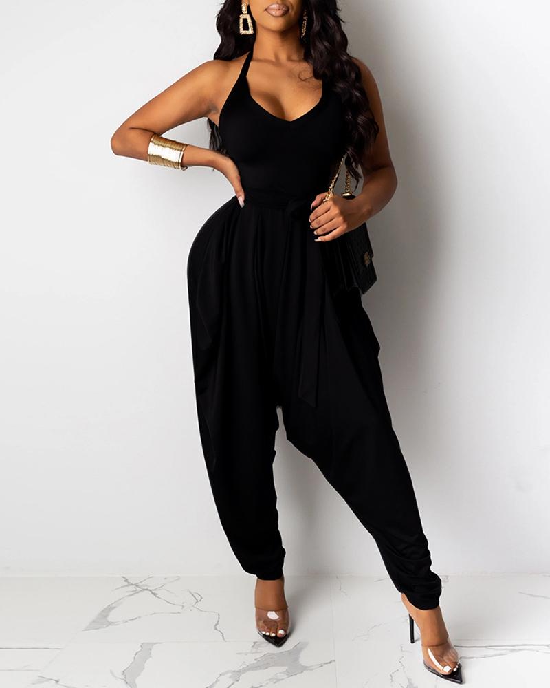 

Solid Hater Backless Harem Jumpsuit, Black