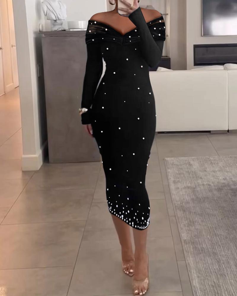

Off Shoulder Long Sleeve Beaded Midi Dress, Black