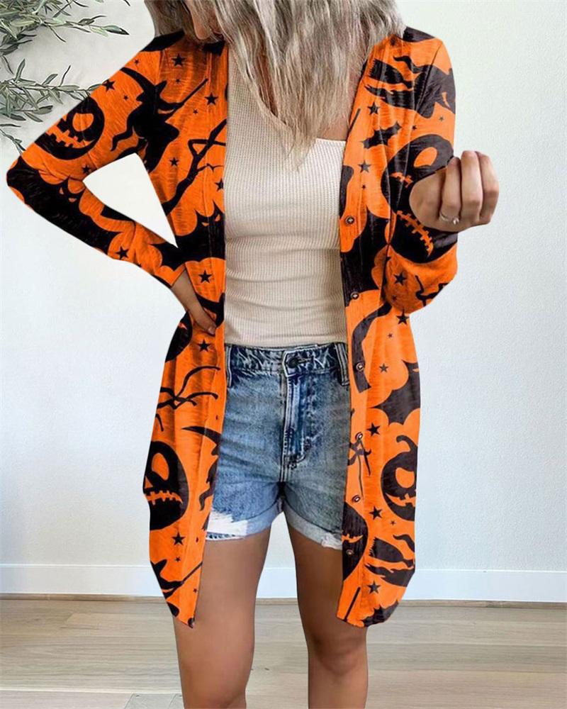 

Halloween Graphic Print Open Front Coat, Orange