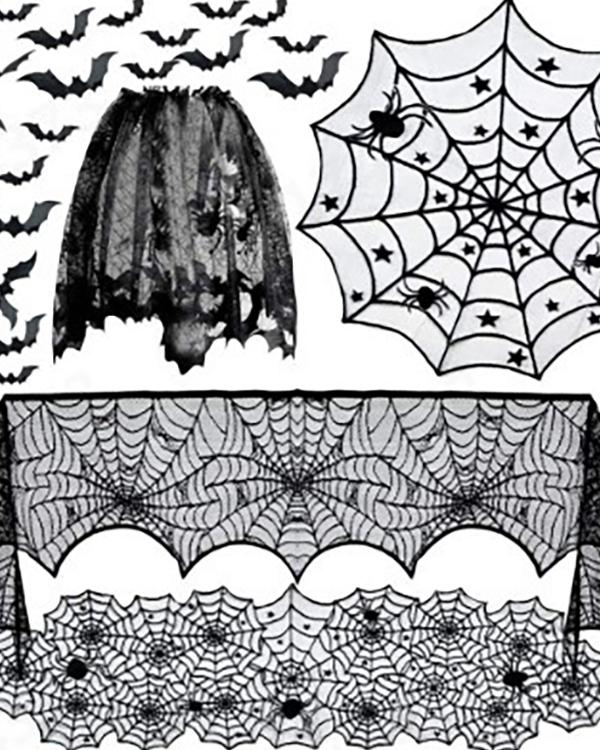 

5pack Halloween Ornament Tablecloth Runner Black Lace Round Spider Cobweb Table Cover Fireplace Mantel Scarf With 36pcs Scary 3D Bat