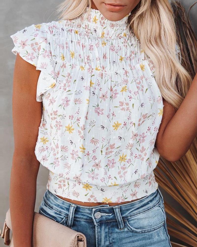 

Ditsy Floral Print Sleeveless High Neck Top, White