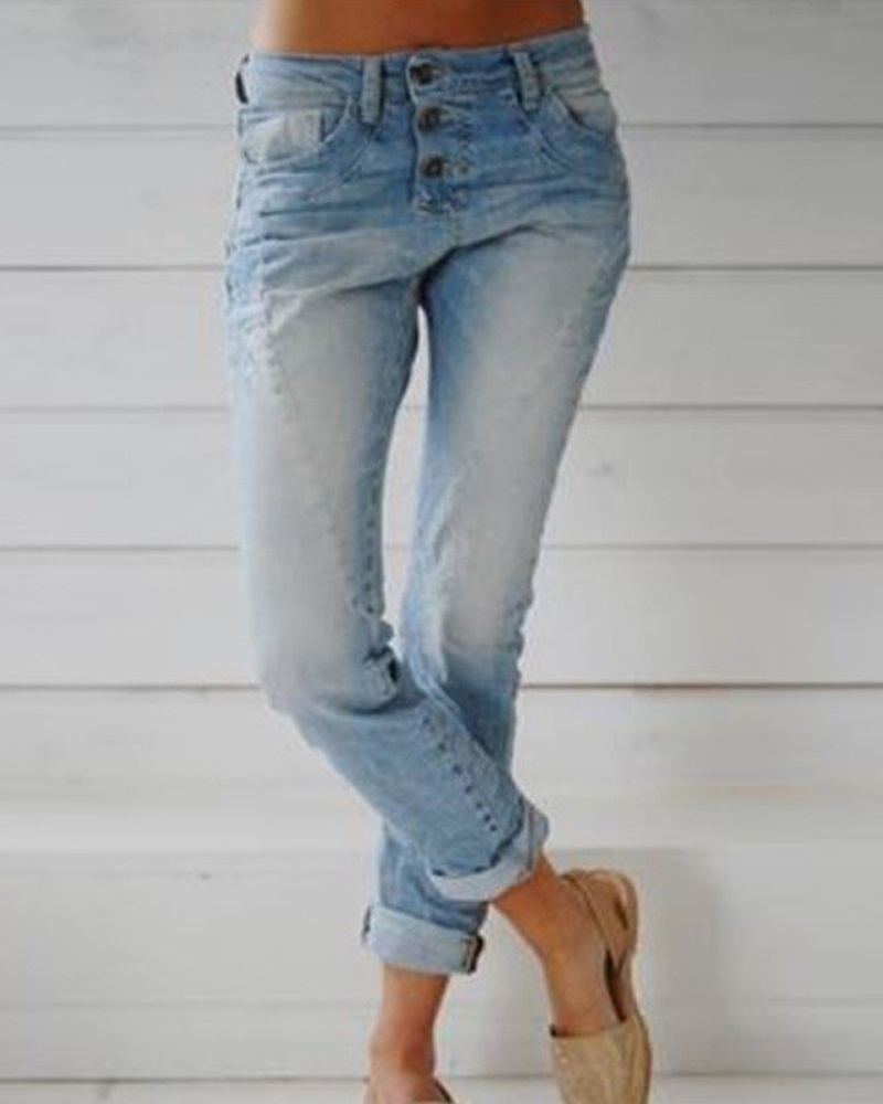 

Button Fly Straight Leg Jeans, Lighted blue