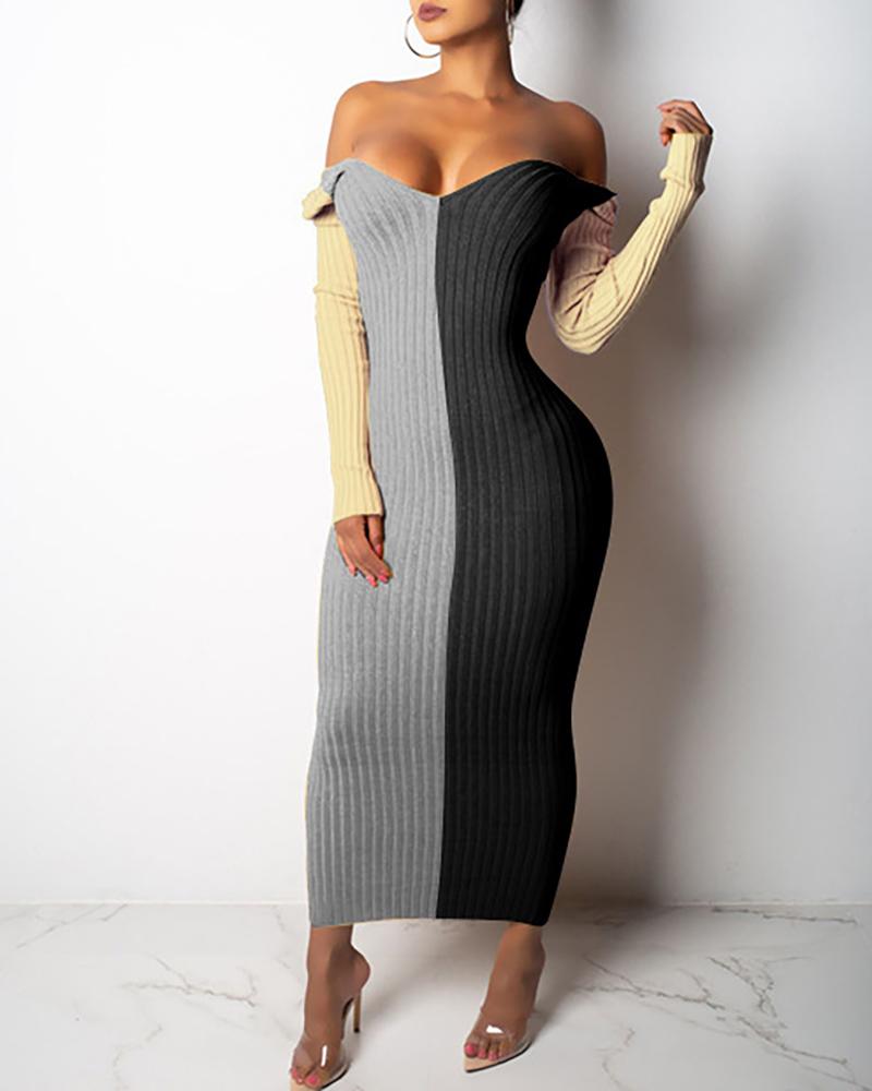 

Colorblock Ribbed Off Shoulder Maxi Dress, Gray