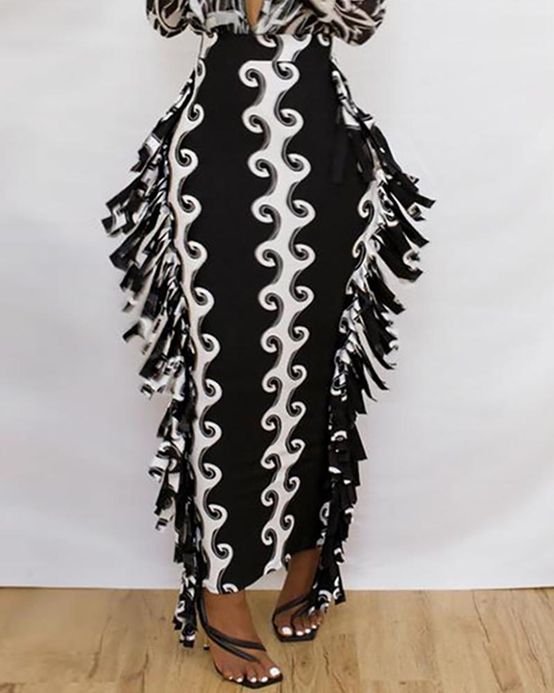 

Tassel Design Graphic Print Maxi Skirt, Black