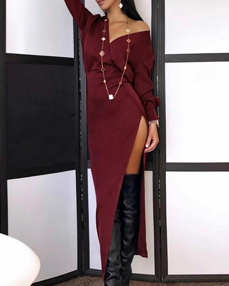 

Long Sleeve Plunge High Slit Work Dress, Wine red
