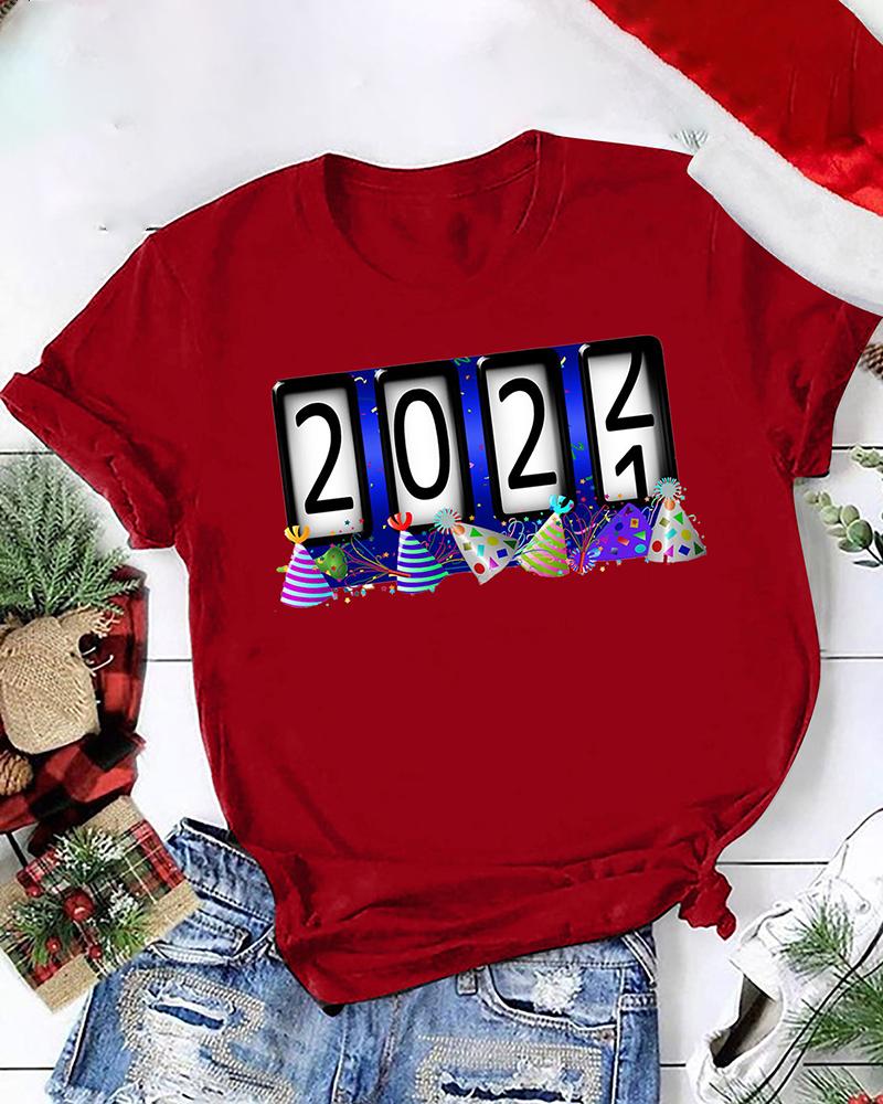 

Valentine's Day Number Print O-Neck T-shirt, Red