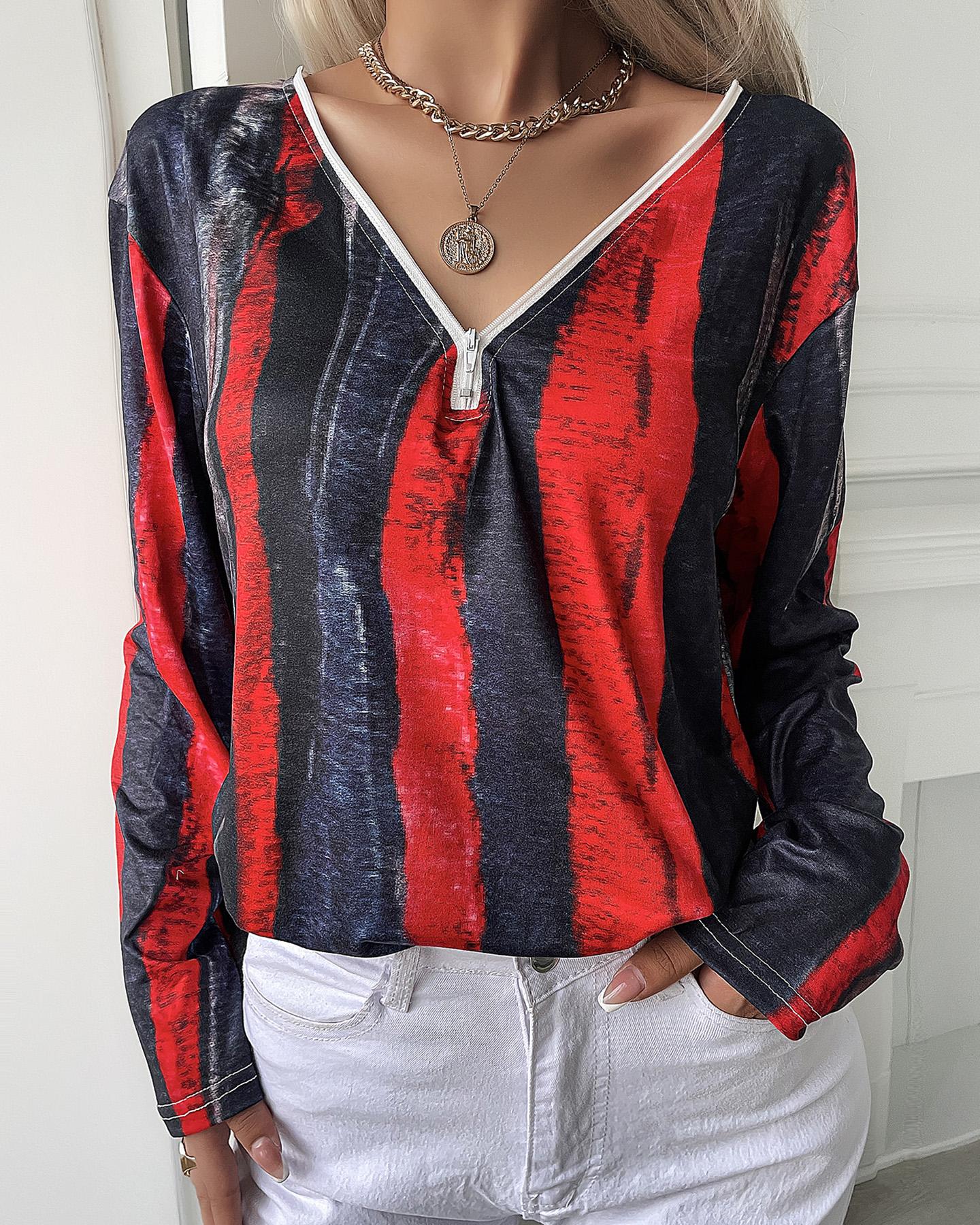 

Striped Colorblock Long Sleeve Zipper Design Top, Red