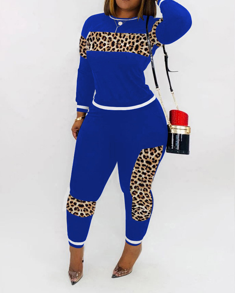 

Plus Size Contrast Leopard Long Sleeve Top & Pants Set, Blue