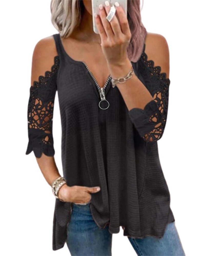 

Cold Sleeve Zipper Front Lace Trim Top, Black