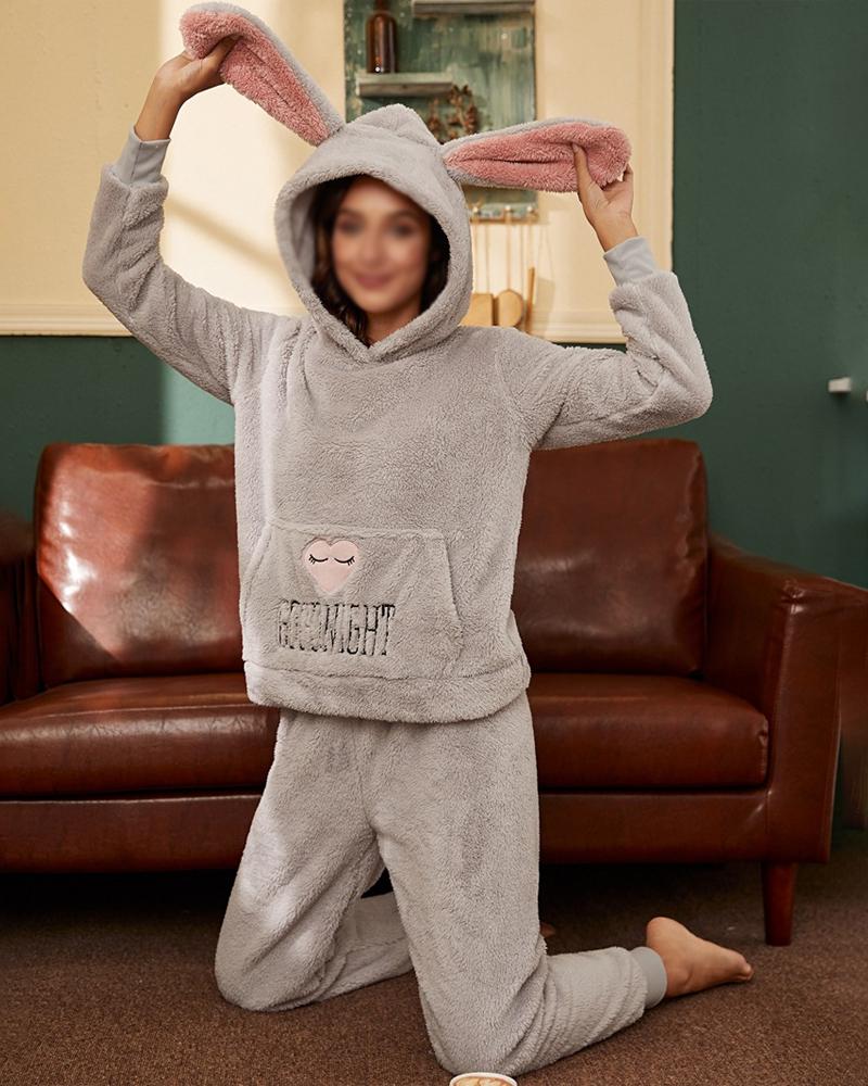 

Heart Letter Embroidery Hooded Fluffy Pajamas Set, Gray