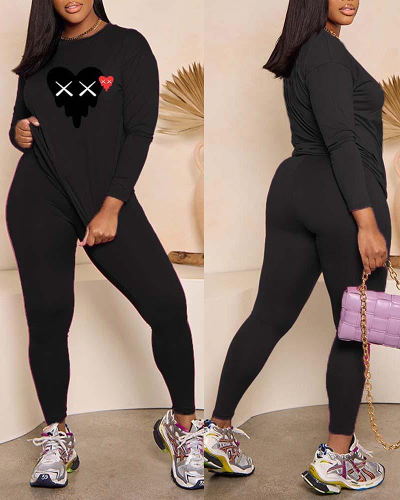 

Plus Size Valentine's Day Heart Print Casual Top & Pants Set, Black
