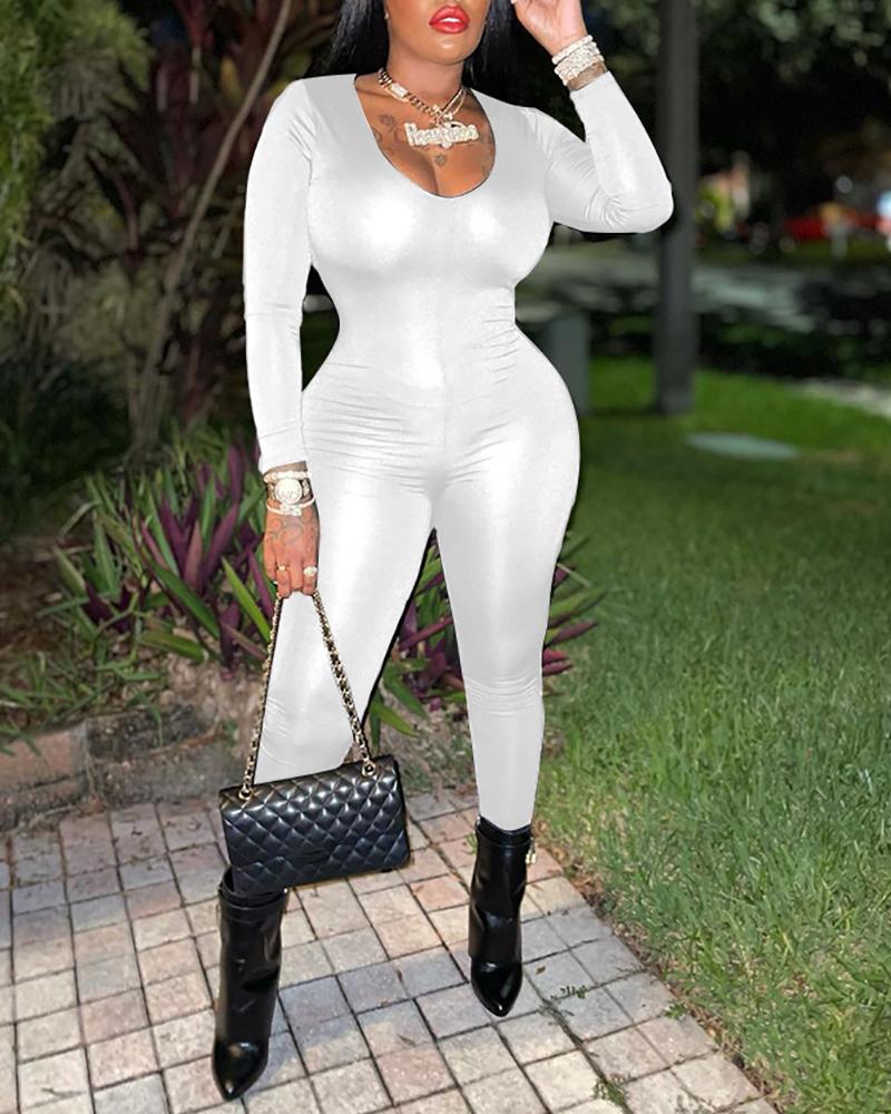 

Long Sleeve U Neck Drawstring Back Jumpsuit, White