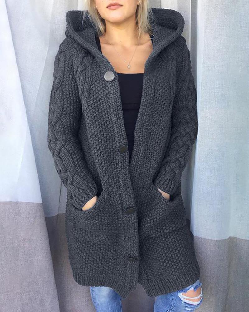 

Long Sleeve Hooded Buttoned Knit Braided Cardigan, Dark grey