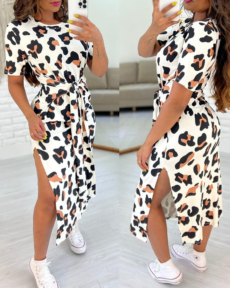 

Vestido casual com detalhe de amarração e estampa de leopardo rosa, Light brown