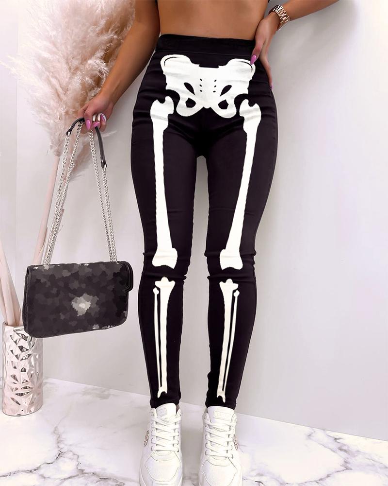 

Halloween Skeleton Print Skinny Pants, Black