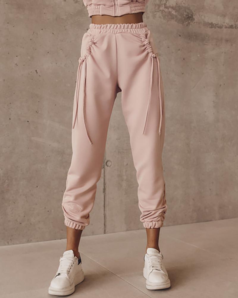 

Drawstring Ruched High Waist Casual Pants, Pink