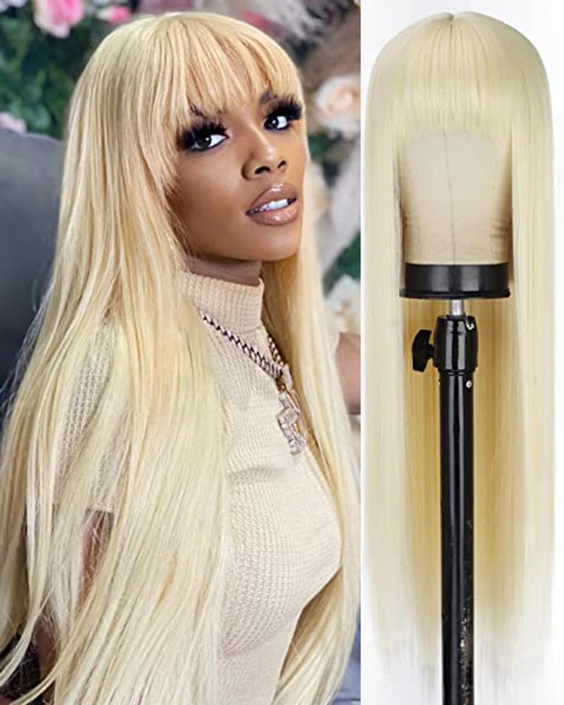 

Light Blonde Long Straight Fiber Synthetic Hair Wig With Bangs, Gold
