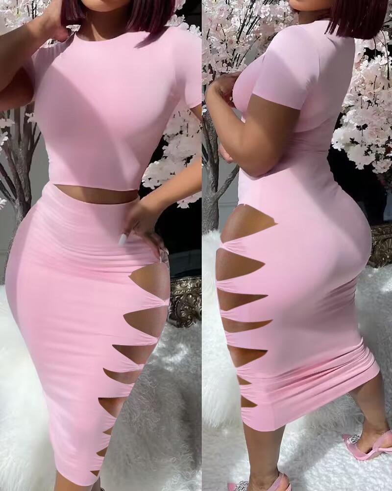 

Ladder Cutout Short Sleeve Top & Skirt Set, Pink