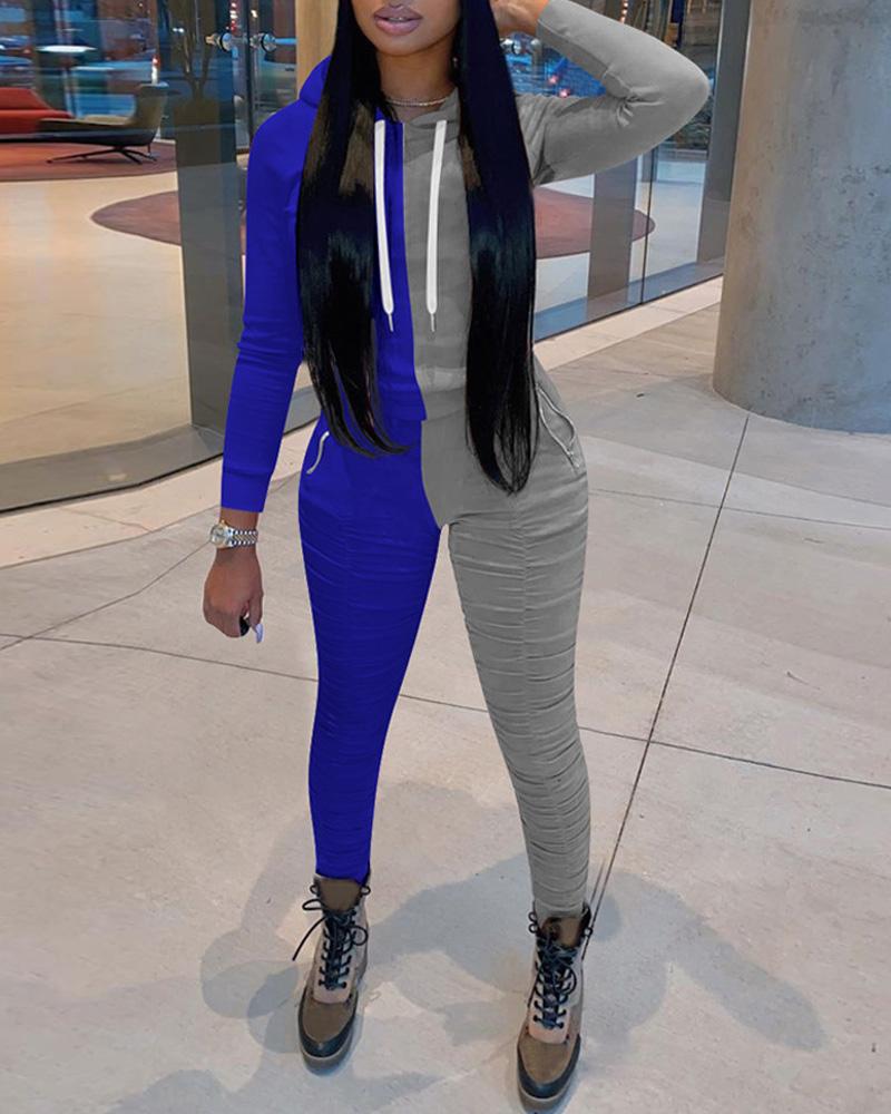 

Colorblock Long Sleeve Hoodie & Ruched Pants Set, Blue