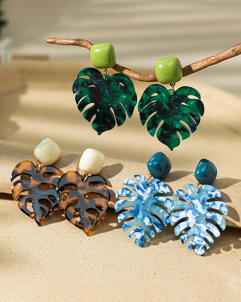 

3Pairs Tropical Palm Leaf Pattern Drop Stud Earrings Set, Blue