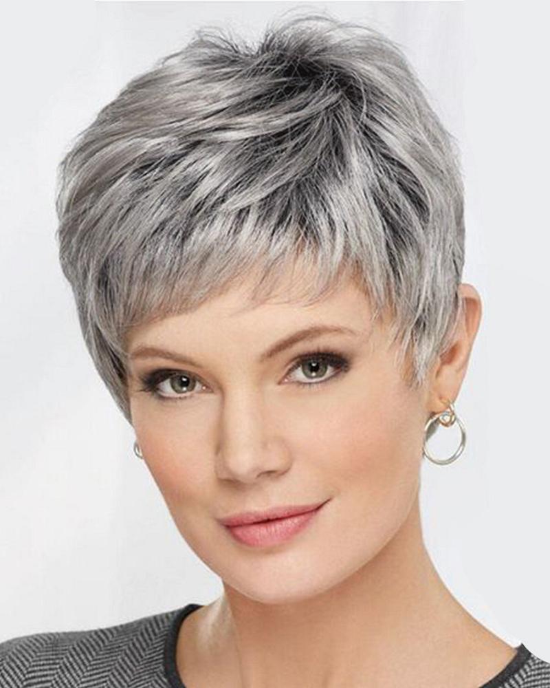 

Short Layered Pixie Cut Wig Natural Looking Synthetic Wigs Older Women Mommy Old Lady Wigs, Gray