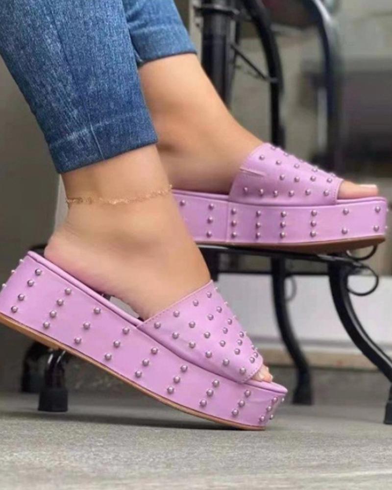 

Studded Square Toe Platform Slippers, Purple