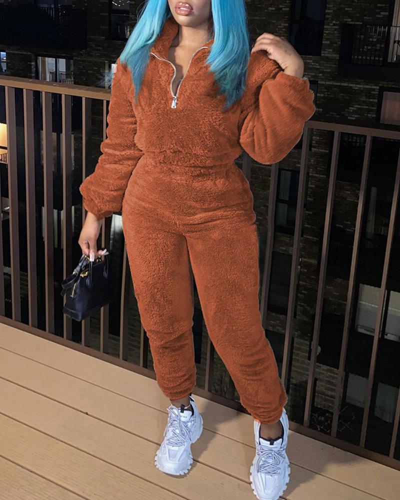 

Long Sleeve Zipper Design Fluffy Top & High Waist Pants Set, Orange