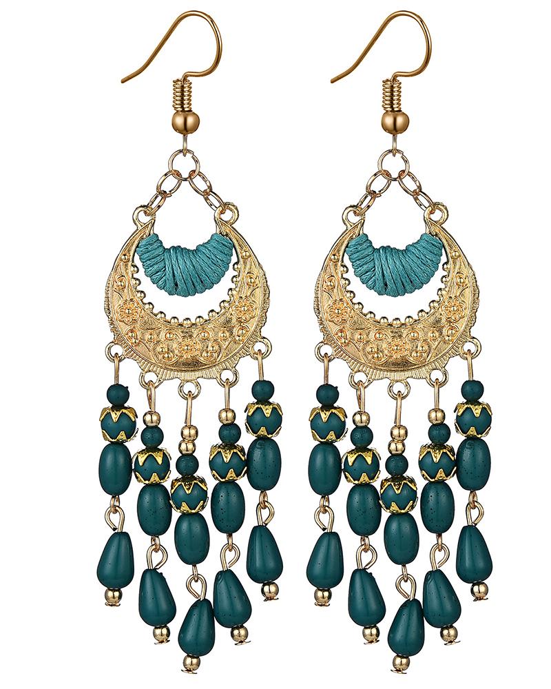 

1Pair Bohemian Floral Embossed Beaded Tassel Hook Earrings, Blue