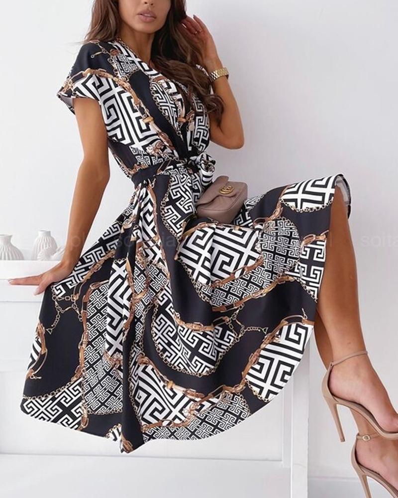 

Lace-up All Over Print Skinny Waist Short Sleeve Midi Dress, Black