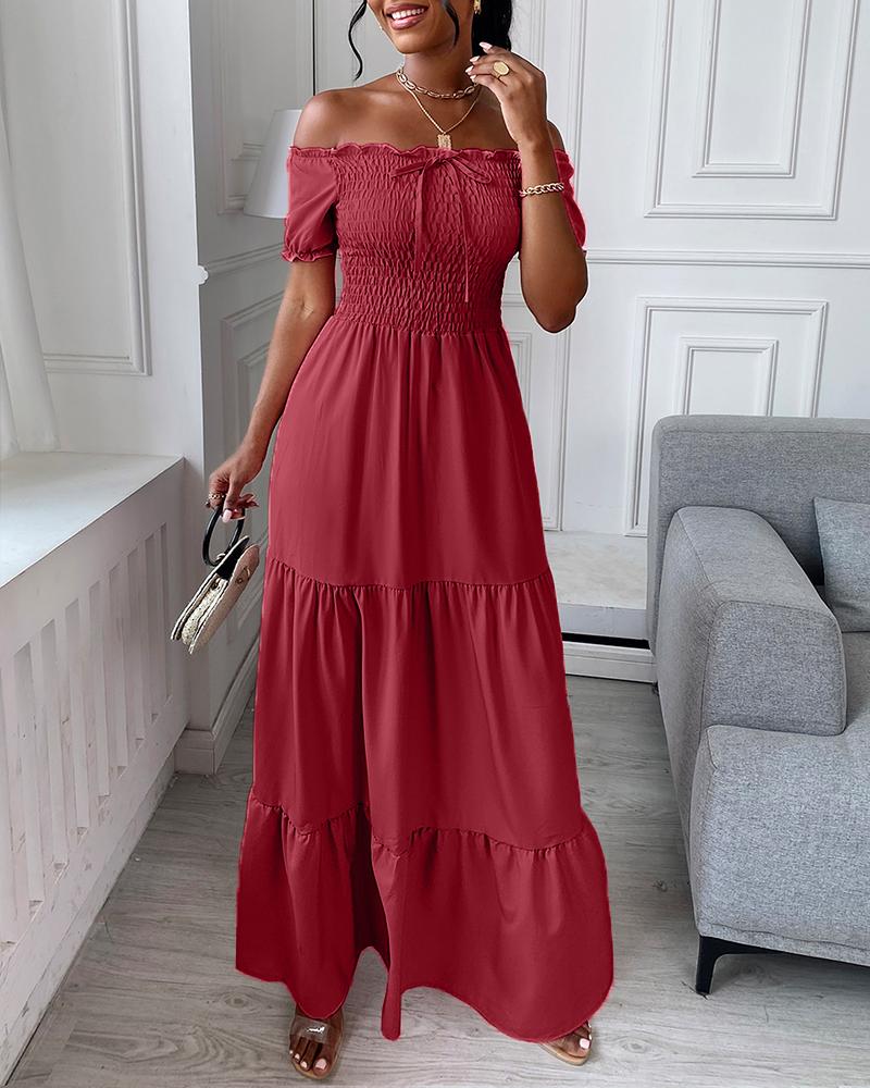 

Plain Off Shoulder Shirring Detail Frill Hem Maxi Dress Short Sleeve Maxi Dress, Hot pink