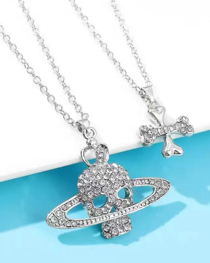 

2PCS Halloween Rhinestone Skull Pendant Necklace, Silver