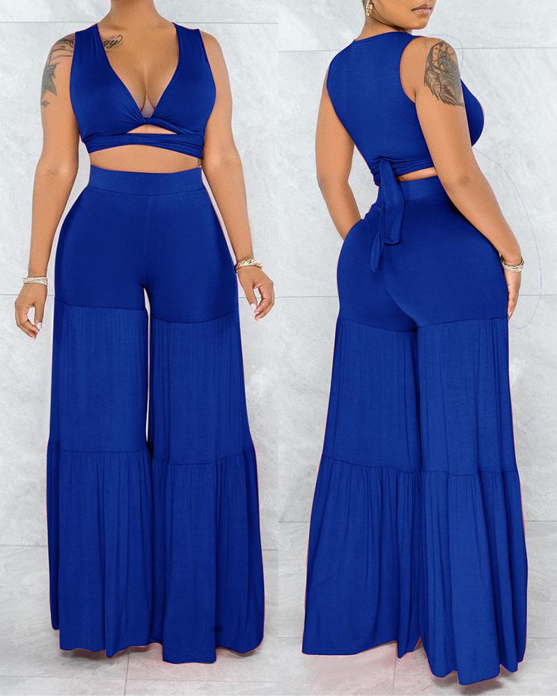 

Solid Color Lace-up Ruched Tank Top With Wide Leg Pants Suit Sets, Blue